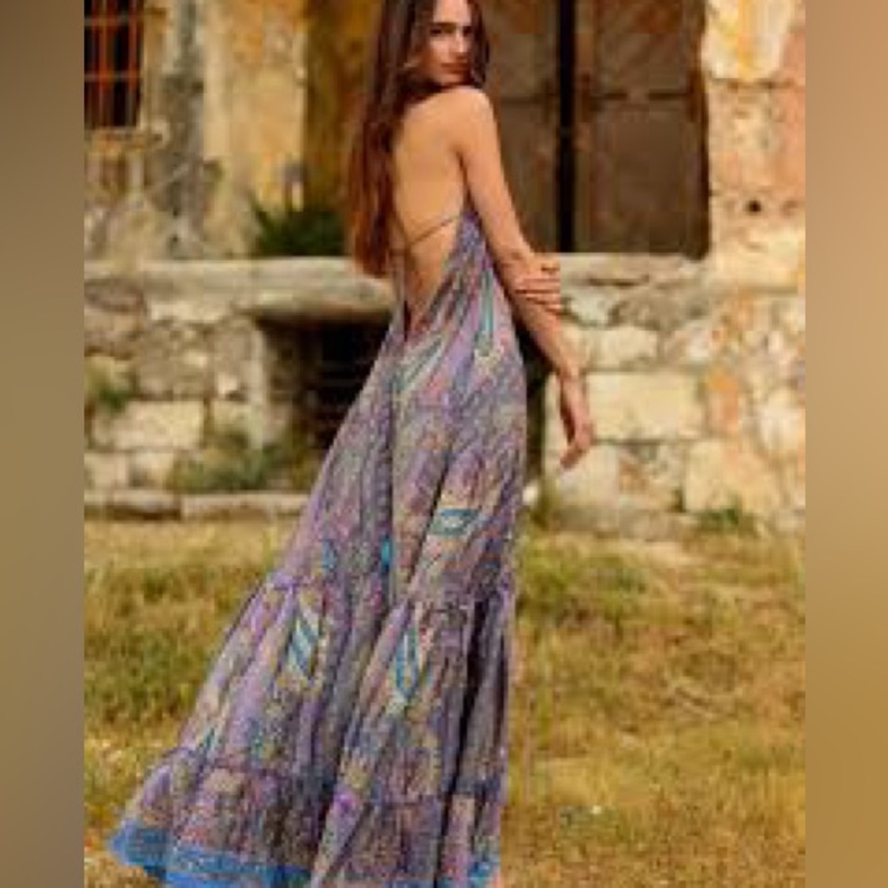 NWT Backless Purple Paisley Silk Print Maxi Dress